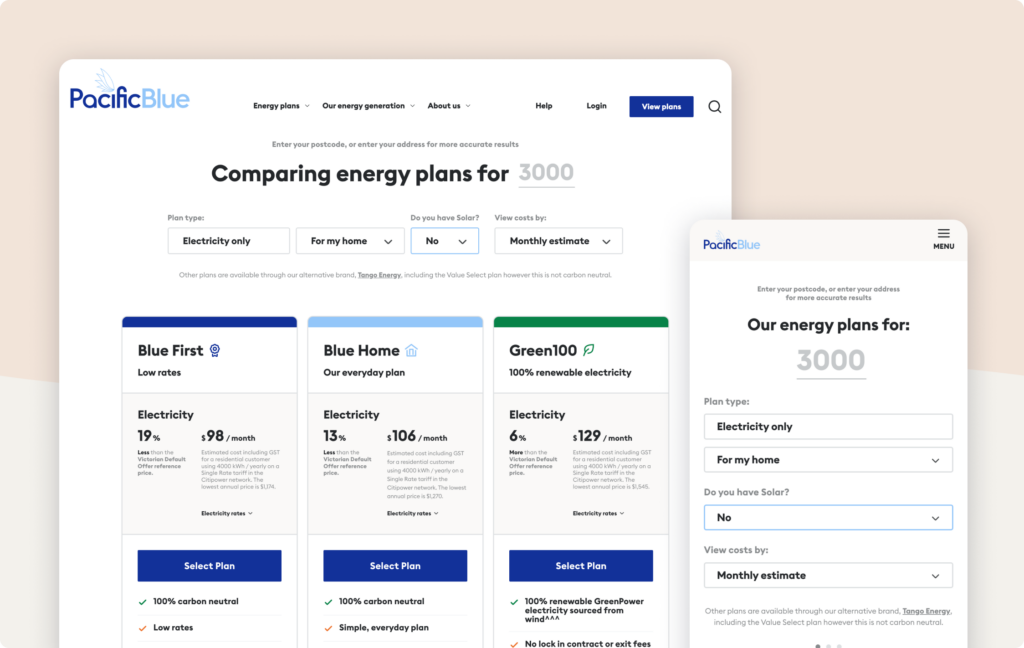 Pacific Blue energy plan comparison page for postcode 3000, displayed on desktop and mobile views. The page shows three plan options: 'Blue First' with low rates, 'Blue Home' as the everyday plan, and 'Green100' offering 100% renewable electricity. Users can filter plans by plan type, home use, solar availability, and cost view. Key details, including estimated monthly costs and carbon neutrality, are highlighted for each plan, with options to select a plan.