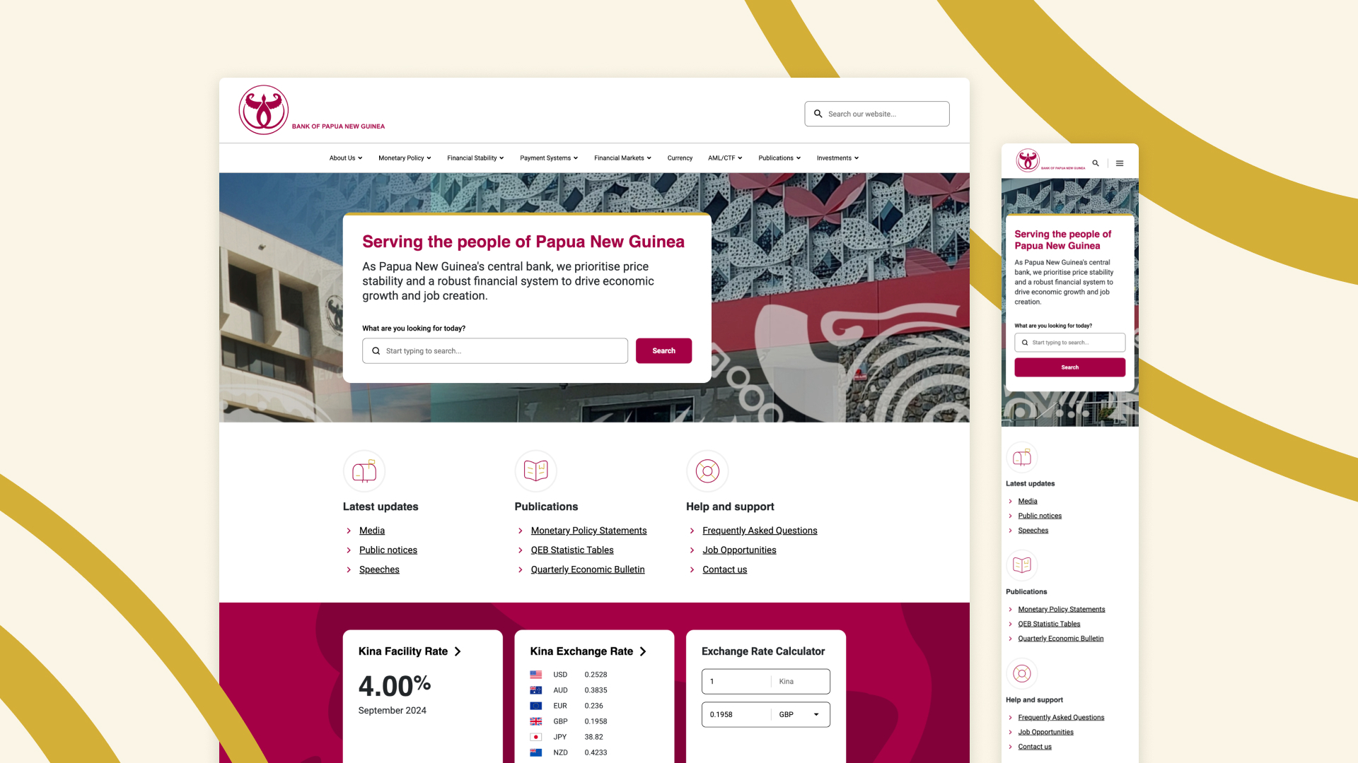 Screenshot showcasing the desktop and mobile views of the Bank of Papua New Guinea website. The homepage highlights services such as financial stability information, monetary policy statements, and tools like an exchange rate calculator, with the tagline 'Serving the people of Papua New Guinea.