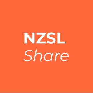 Logo for NZSL Share with white text on an orange background, featuring the bold 'NZSL' above the word 'Share' in a lighter font.