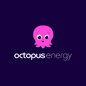 Logo for Octopus Energy featuring a friendly pink octopus character above the text 'octopus energy' in white and purple, set against a dark purple background.