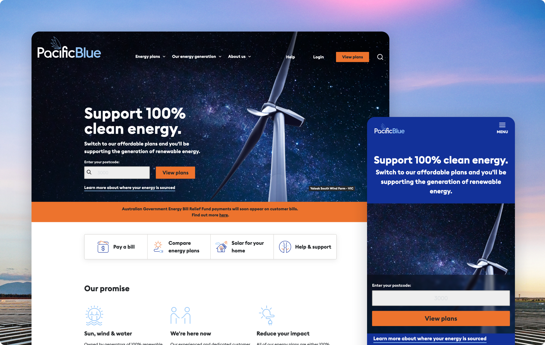 Screenshot of the Pacific Blue website showcasing desktop and mobile views. The site promotes 100% clean energy with a wind turbine image in the background and a call-to-action to view energy plans. Features include options to pay a bill, compare energy plans, and explore solar energy solutions.