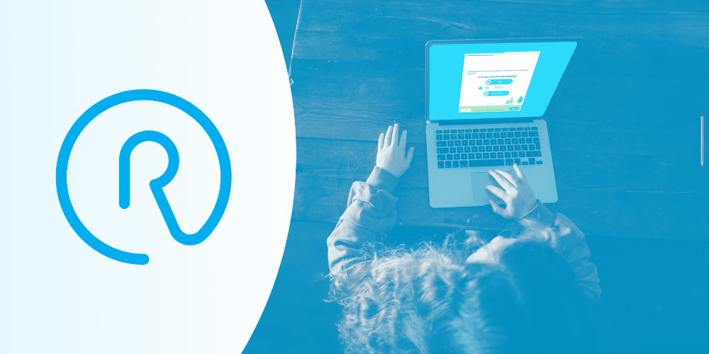 Image showing a blue logo with a stylized 'R' on the left, and an overhead view of a person using a laptop displaying a chatbot interface, overlaid with a blue tint.